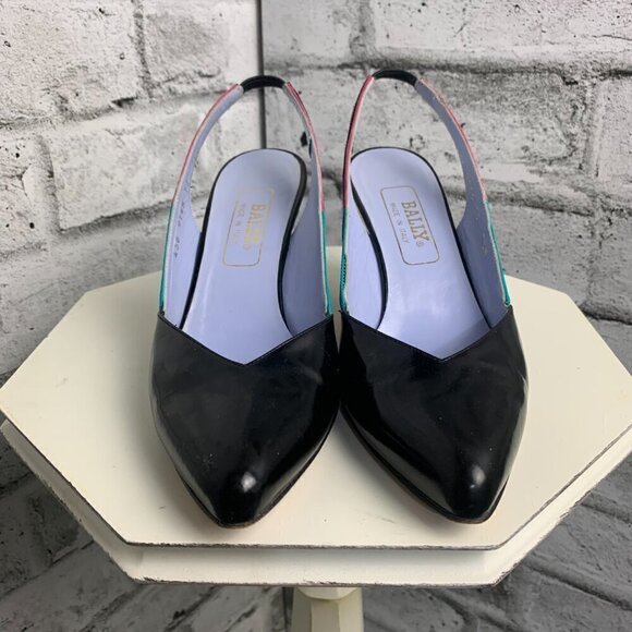 Bally Vintage Pointy Toe Sling Back Patent Black Leather Colour Block Pump - Picture 2 of 7